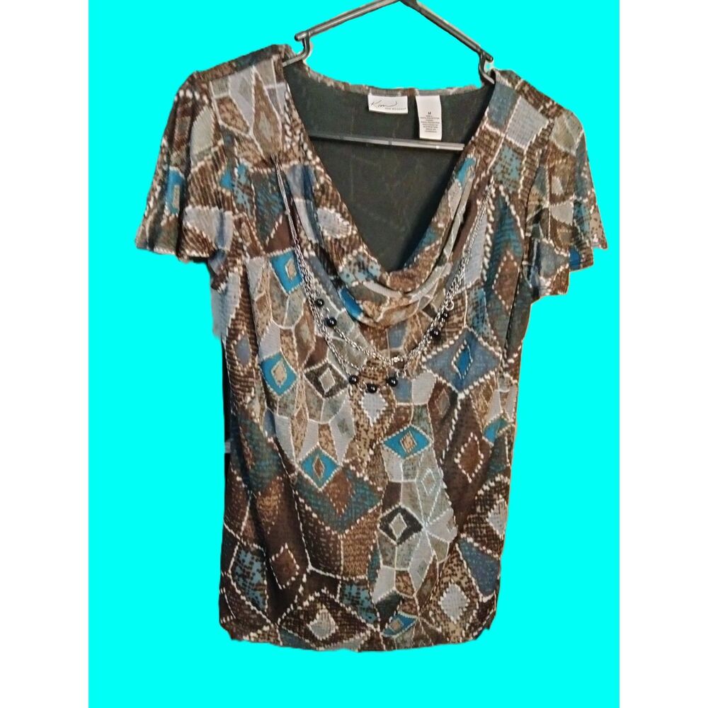 Kim Rogers ~ Brown Teal Print Drop Neck Top with Necklace ~ Size Medium
